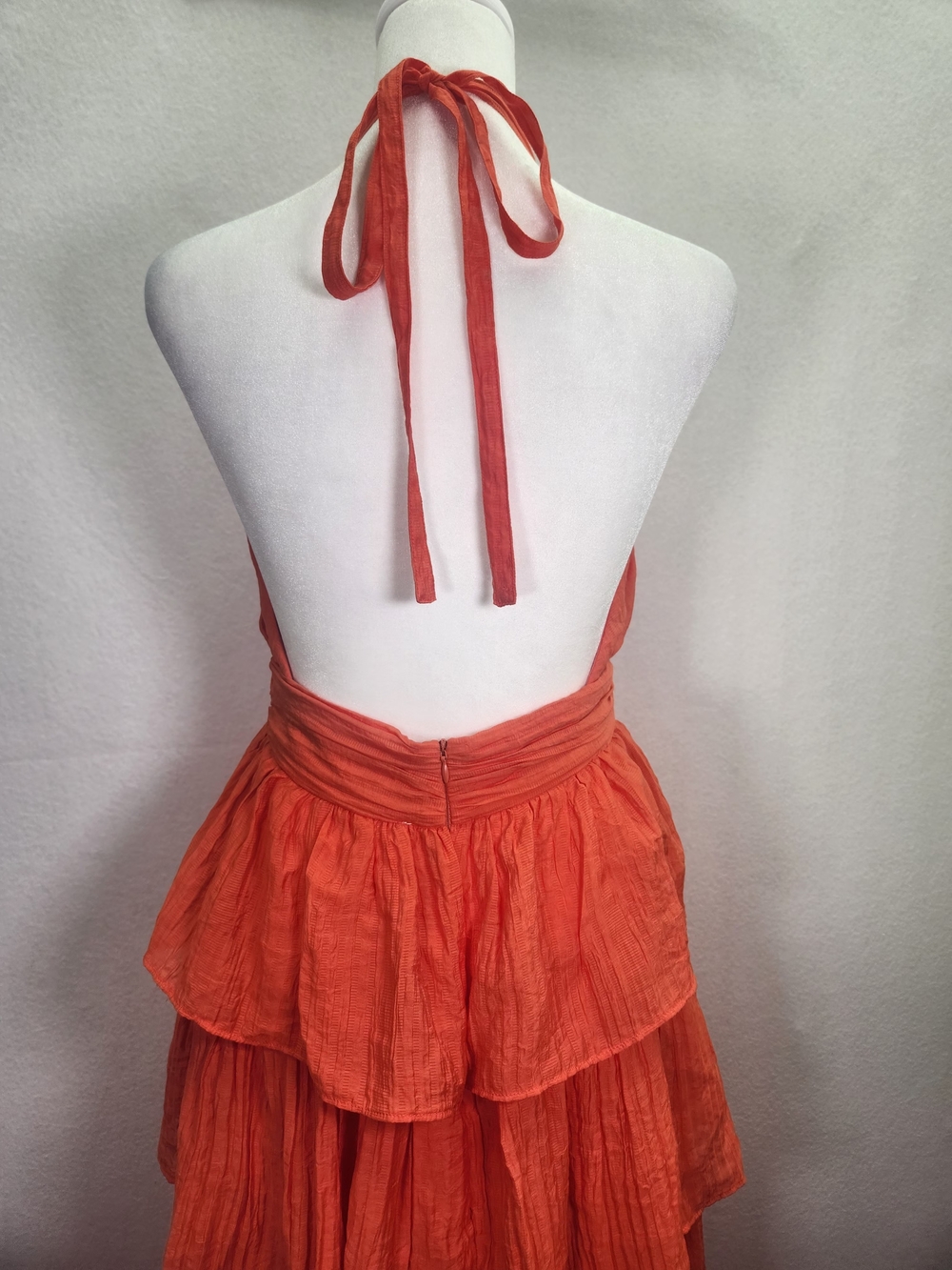 Olivaceous Orange Ruffle Tiered Halter Maxi Dress Sz S Open Back Event Cruise NW - Picture 9 of 15